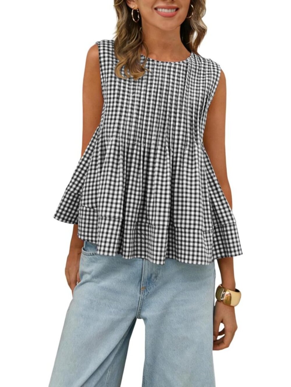Gingham Pleated Peplum Tank Top - Y2K Plaid Babydoll Tee for Trendy Style